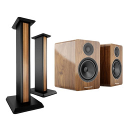 Acoustic Energy Bookshelf Speakers AE500s & Stands package American Walnut Wood Veneer 
